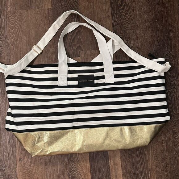 Victorias Secret Signature Lg Striped Foil Weekender Getaway Duffle Bag Tote - Picture 1 of 9